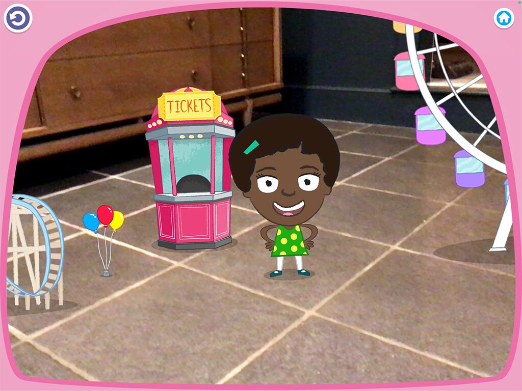 A screenshot from the AR Adventures app shows illustrated images of a young girl, a muddy pig), a barn, and a basket of apples appearing on the app player's real-world kitchen floor and cabinet.
