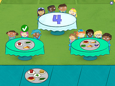 A screenshot from the Early Math with Gracie & Friends Birthday Cafe app shows cartoon children sitting at tables with food. The numeral 4 is on one table signifying that a tray with four food items should be placed there.
