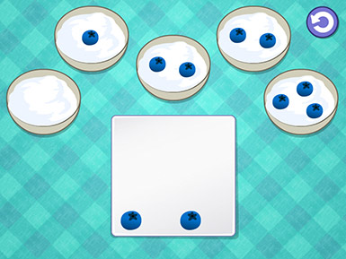 A screenshot from the Early Math with Gracie & Friends Breakfast Time app shows five bowls of yogurt on a turquoise plaid tablecloth and a plate of blueberries, some of which have been distributed to the bowls.