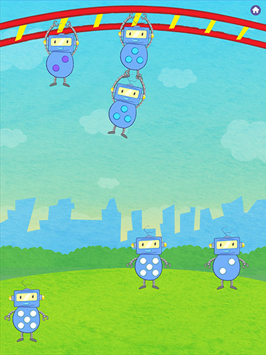 A screenshot from the Early Math with Gracie & Friends Jungle Gym app shows three robots with dots on their bellies dangling from a jungle gym while three robots with dots on their bellies stand on the grass below.