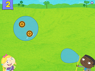 A screenshot from the Early Math with Gracie & Friends Treasure Bubbles app shows two cartoon characters on screen: a girl with a bow stands smiling under a bubble that contains two bubbles while a boy in a gray sweatshirt is blowing a bubble from a bubble wand.