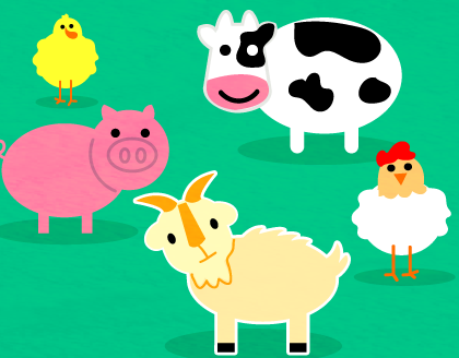 Drawings of farm animals standing on grass.