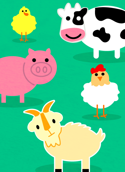 Drawings of farm animals standing on grass.
