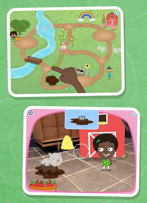 A farm scene with a hand tutorial showing how to navigate a robot and an augmented reality farm scene overlaid on a kitchen floor.