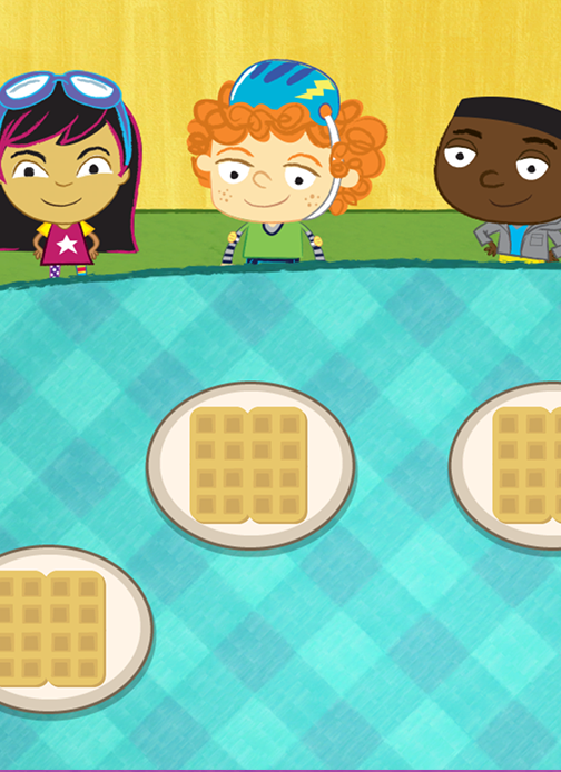 Three cartoon characters look at a table of cartoon waffles.