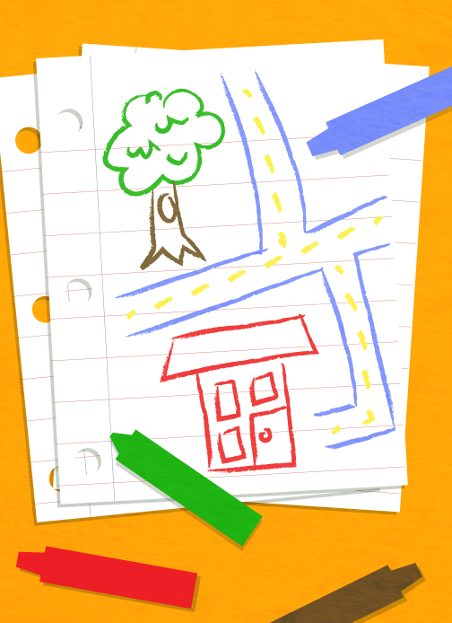 A drawing of a stack of paper and crayons with a tree, house, and streets drawn on the top paper in a children’s style.