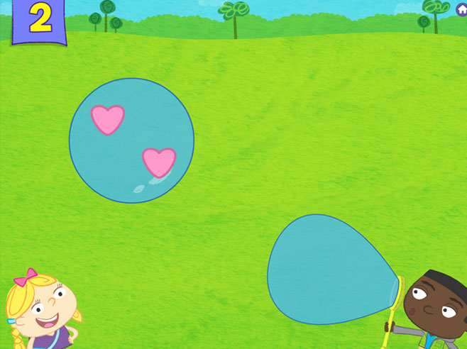 A screenshot from the app shows two on-screen characters blowing bubbles.