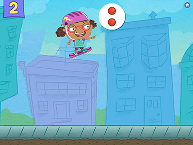 A screenshot from the Early Math with Gracie & Friends City Skate app shows a cartoon child wearing a helmet and jumping into the air on a skateboard to collect a group of two red balls.
