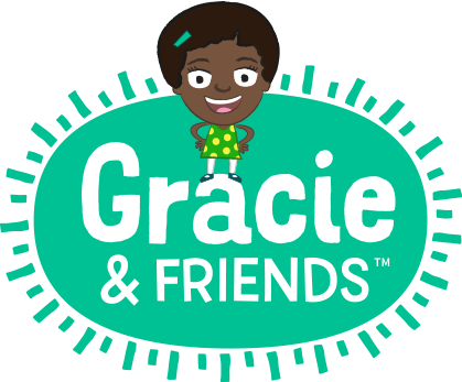 A young girl stands on a the green Gracie & Friends logo