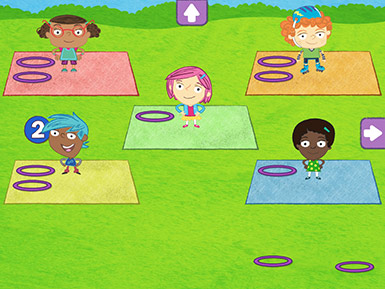 A screenshot from the Early Math with Gracie & Friends Park Play app shows cartoon children standing on mats with hula hoops. The numeral 2 is near one mat signifying that two hoops had been placed placed there.