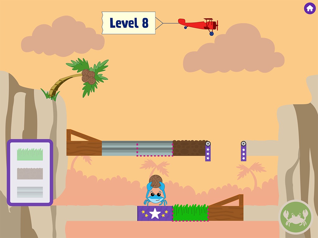 An app screenshot with an orange-yellow sky and a bridge made out of different textured pieces spanning between two cliffs. A puzzle is set up with a crab and a coconut. A plane flies above, carrying a small sign says 'Level 8.'