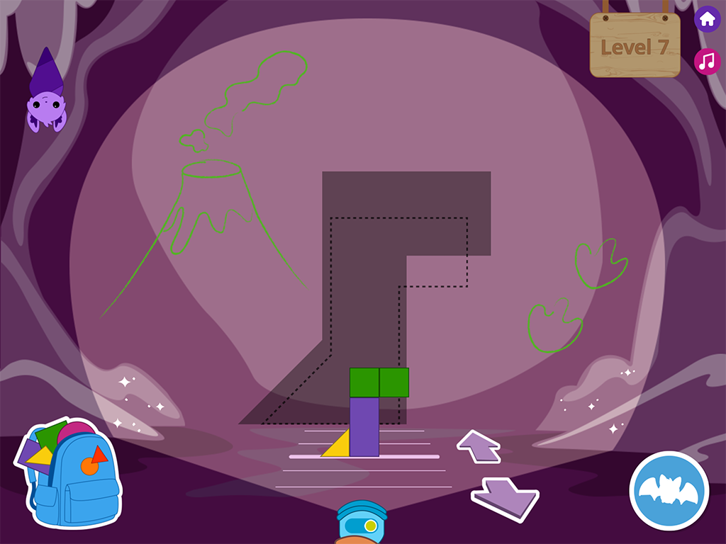 An app screenshot showing a purple cave wall lit up by a flashlight. A couple squares and rectangles are assembled into a dinosaur-like shape, and it's casting a shadow on the wall behind it.