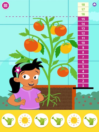 A screenshot from the app of a character standing next to a tomato plant and ruler.