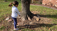 Child points to her shadow on the ground outside.