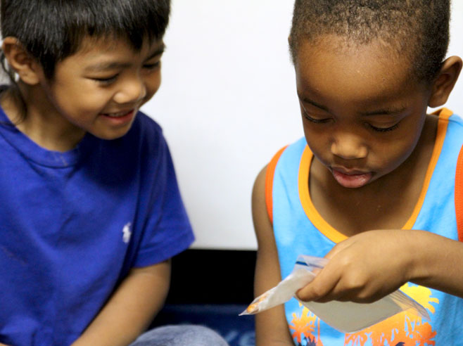 A pair of students examine a plastic bag with seeds.