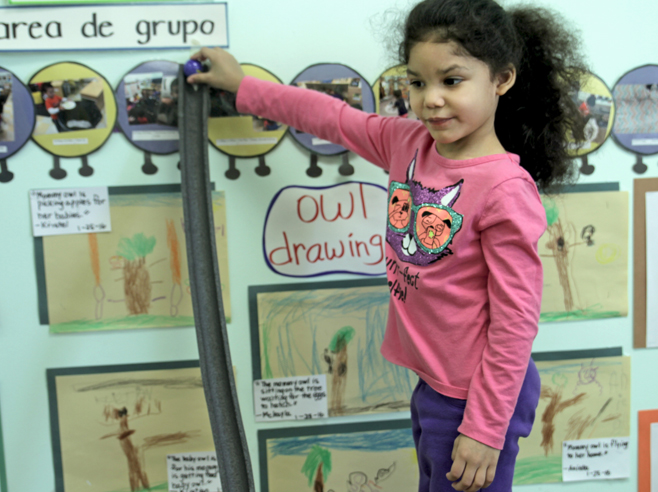A student prepares to send a marble down a foam half-pipe ramp.