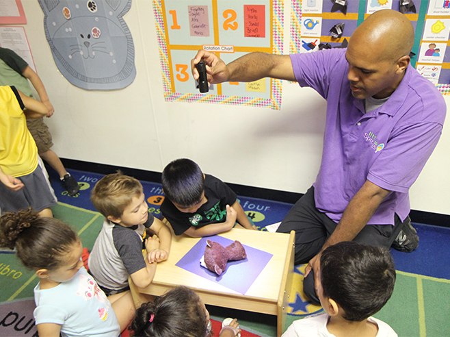 Teacher shining flashlight on stuffed bear. Students watch.