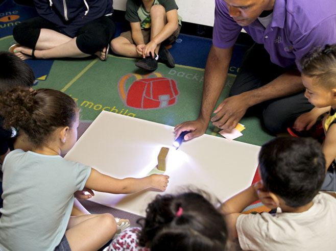 A piece of white poster-board lies on the floor and students are gathered around it. A wooden block sits on the poster-board, and a teacher kneels and shines a flashlight at the block while one student reaches towards the block.