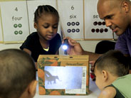 A shadow theatre made of a box lid and wax paper sits on a table. A teacher shines a flashlight on one side of the paper, and a student holds a small toy animal in front of the light, creating a shadow on the wax paper.